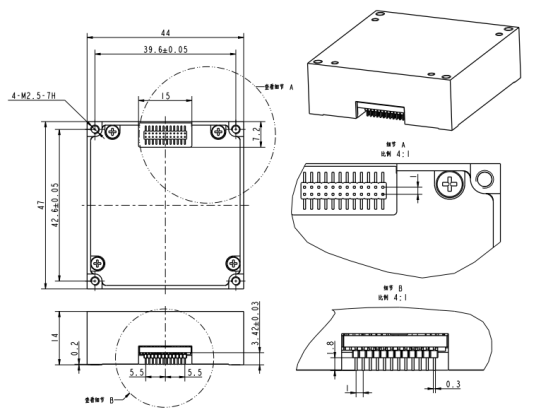 Technical outline drawing and dimensions of the 16488HB IMU unit measuring 47Ã44Ã14 mm